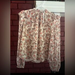 Sheer Floral Ruffle-Neck Blouse - Cream with Coral Print